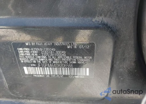 2013 Subaru Impreza 2.0I from USA, damaged, VIN JF1GPAA64DH206566